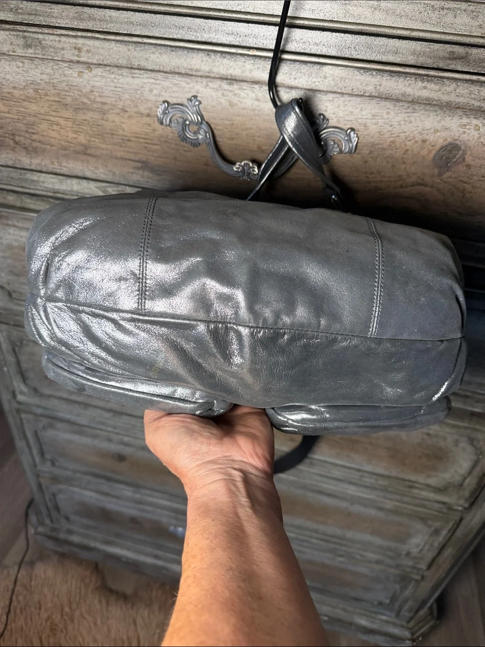 Vintage Y2K Coach Poppy Large Metallic Silver Bag with Front Pockets.  Like New.